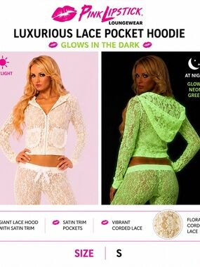 Lipstick Boutique Lace Pocket Hoodie – Cream with Neon Green Glow